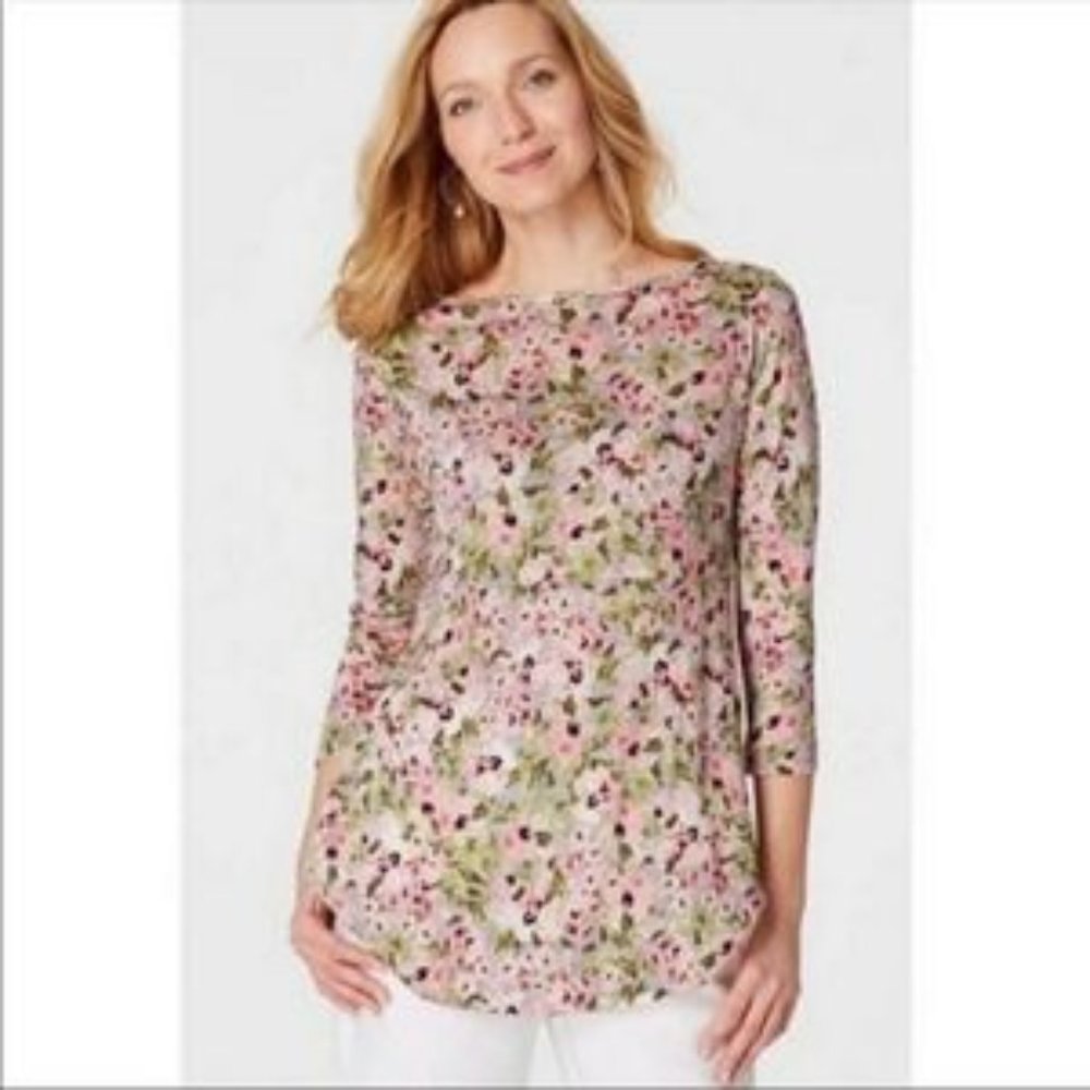 J. Jill Love Linen Top Tunic Extra Large XL Pink Gray Green Floral Boatneck